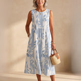 Livia | Abito Midi Stampa Foglie Blu