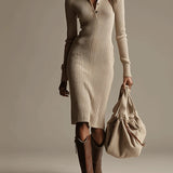 Vela | Abito Midi Righe Beige Elegante